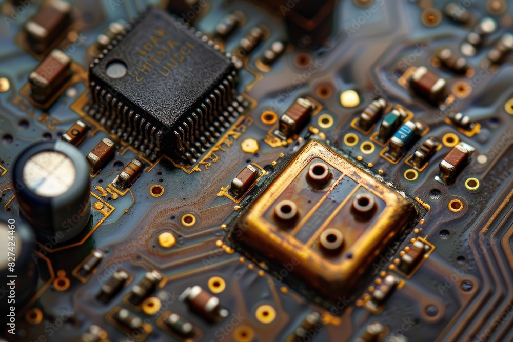 Poster a close up of a circuit board with many small components. concept of complexity and intricacy, as th