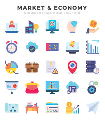 Market & Economy Flat icons collection. 25 icon set. Vector illustration.