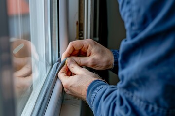 Detailed view of a person's hands performing precision work while sealing a window, ensuring proper insulation and protection