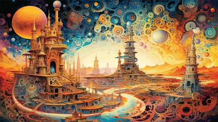 Mysterious dark stairs to heavens, surrounded by clouds, hope and aspiration. Surrealist galaxy landscape exploration illustration