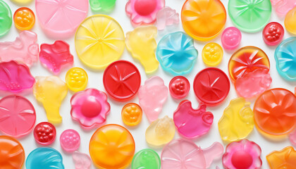 Colorful candy wallpaper featuring an array of bright gummy bears, jellybeans, and lollipops, creating a fun and playful design