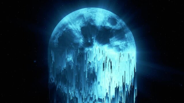 Abstract background with pixel noise artifacts. Glitched old-school moon with digital datamoshing VHS effect, an old analog video recording on tape cassette. Abstract data moshing distorted frame