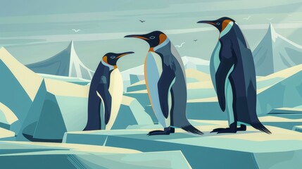 Illustration of three penguins standing on icy terrain with mountains in the background, showcasing Arctic wildlife and nature.