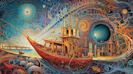 Mysterious dark stairs to heavens, surrounded by clouds, hope and aspiration. Surrealist galaxy landscape exploration illustration