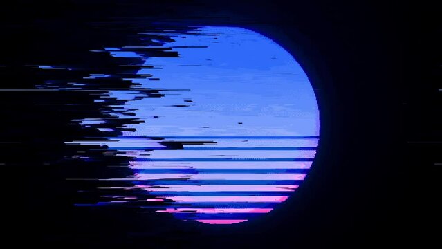Abstract background with pixel noise artifacts. Glitched old-school sunset with digital datamoshing VHS effect, an old analog video recording on tape cassette. Abstract data moshing distorted frame