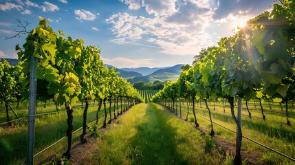 Naklejka premium Serene Vineyard Vista: Perfectly Aligned Rows of Lush Grapevines Under the Sun, Inviting You to Explore the Artistry of Winemaking in Picturesque Countryside Beauty