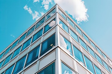 Obraz premium A tall building with a lot of windows and a blue sky in the background