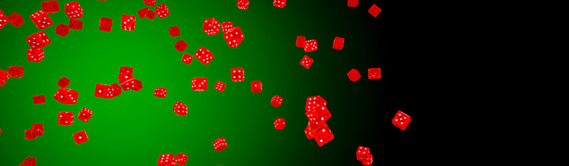 Transparent red dice with many white dots floating in the air as a background or wallpaper. Transparent red casino dice on a green background. 3D Rendering.