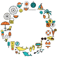 シンプルでかわいい夏のイラストの円形フレーム（カラフル）