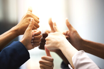 Business people, hands and thumbs up for support, success and team work in office collaboration....