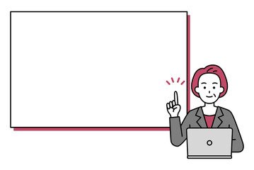 ホワイトボードで説明するノートパソコンで仕事をしている中年のスーツの女性