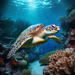 Fototapeta premium A vibrant underwater scene featuring a sea turtle swimming above a colorful coral reef, surrounded by clear blue waters.
