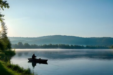 Fototapeta premium Serene Morning Fishing at a Tranquil Lakeside .RetreatPeaceful fisherman enjoys a quiet dawn on a reflective lake