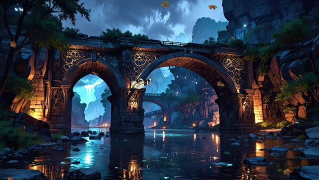 Tropical forest scene with a river waterfall, vibrant trees, and a bridge crossing, depicted in a 4k looping video.