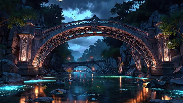 Tropical forest landscape with a river waterfall, green trees, and a crossing bridge, presented in a 4k looping video.