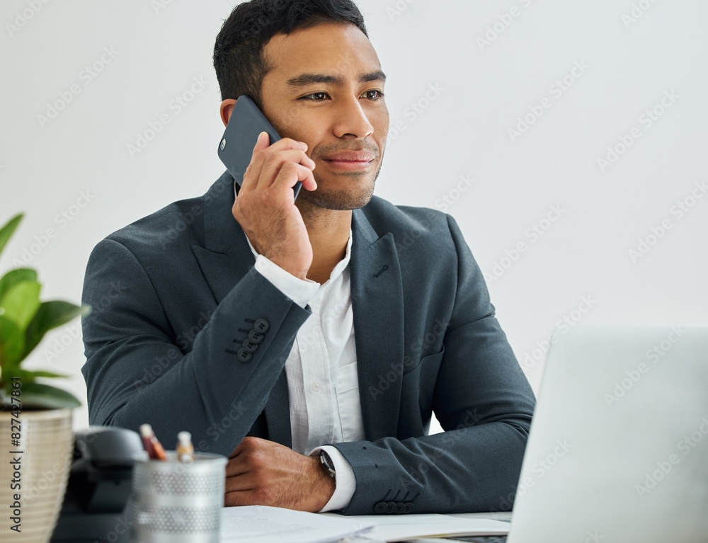Poster business man, phone call and virtual meeting in office with computer for communication and contact. 