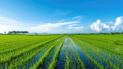 View of a rice field with irrigation water during the new farming season under a sunny sky with blue backdrop