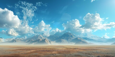 A vast desert landscape with snow capped mountains in the distance