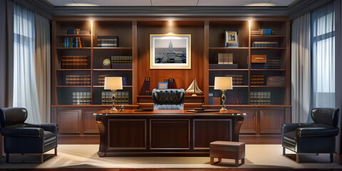 Executive Office: A luxurious executive office space, showcasing a large desk, plush seating, and bookshelves filled with business books and awards, reflecting the status of a board member.