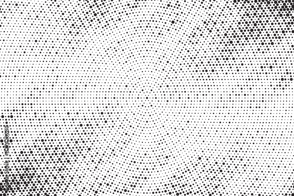 Poster Radial halftone gradient background. Dotted concentric texture with fading effect. Black and white circle shade wallpaper. Grunge rough vector. Monochrome backdrop