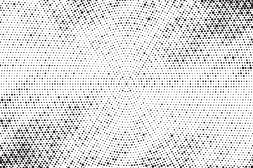 Radial halftone gradient background. Dotted concentric texture with fading effect. Black and white circle shade wallpaper. Grunge rough vector. Monochrome backdrop