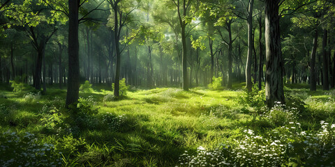 Obraz premium Quiet Forest Clearing: A peaceful clearing in a forest with no people or wildlife, showcasing the stillness and tranquility of nature's untouched beauty