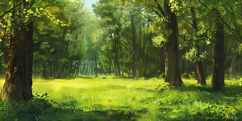 Naklejka premium Quiet Forest Clearing: A peaceful clearing in a forest with no people or wildlife, showcasing the stillness and tranquility of nature's untouched beauty