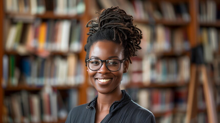 African American librarian smiling in a library