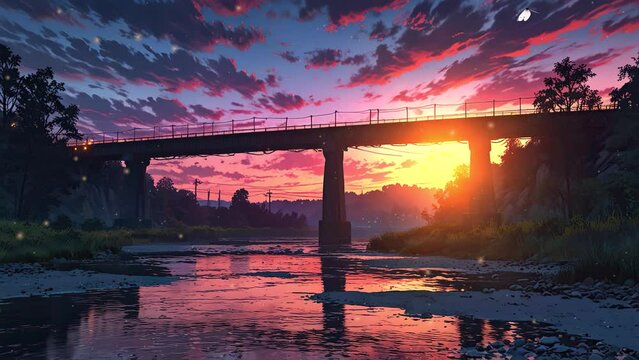 4k looping video featuring a scenic river waterfall, lush trees, and a bridge crossing in a tropical forest area.