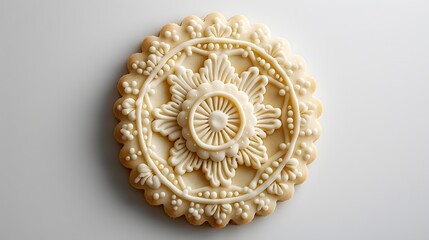 a classic butter cookie with a decorative edge, centered with intricate details on a clean, white background.