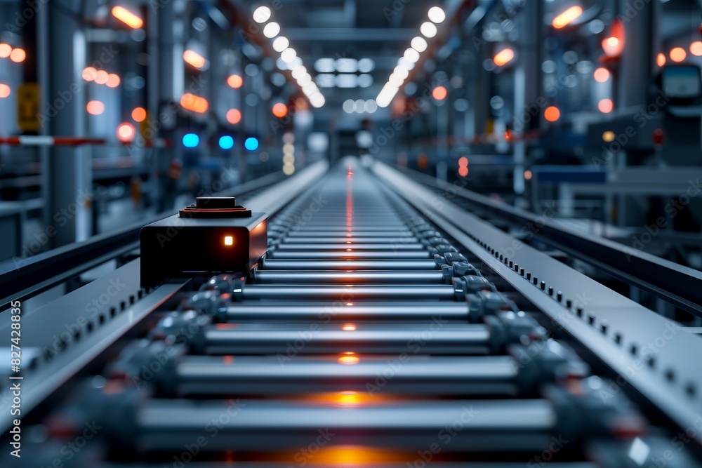 Aufkleber automated conveyor system in a high-tech manufacturing facility with glowing lights and advanced mac