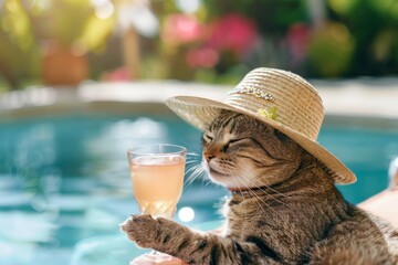 A tabby cat wearing a straw hat sitting by a poolside with a glass of bubbly in its paw