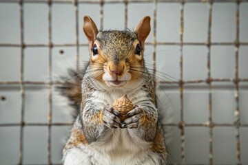 A focused squirrel bites into a nut against a checkered tile backdrop, showcasing its natural behavior