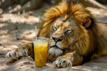 Vibrantly depicting a content lion with a tropical drink, this crafted scene blends wildlife with leisurely vacation vibes