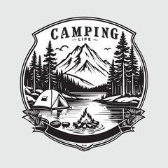 outdoor camping life badge vintage style black color in white background
