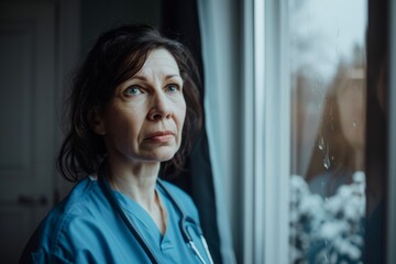 A deeply contemplative image of a nurse standing by the window with a reflective and serious expression