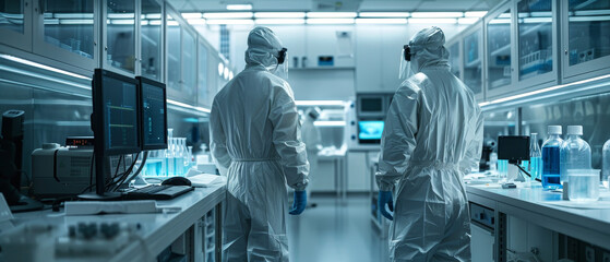Cutting-Edge Biotech Research: Scientists in Safety Gear Conducting Advanced Research in a High-Tech Clean Room. Crystal-Clear Image.