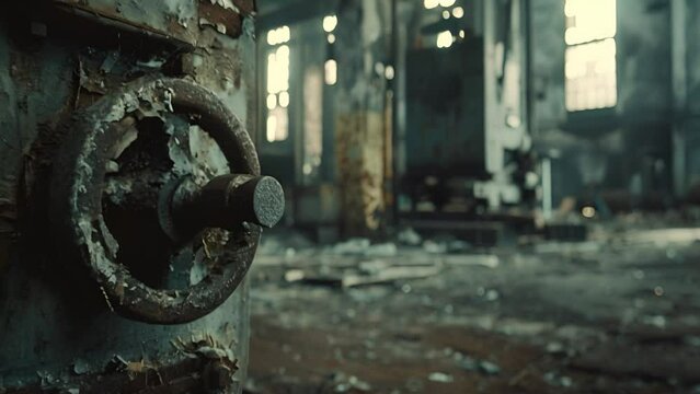 An abandoned factory interior with a rusty valve in focus