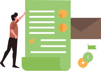 The boy is looking at the document.