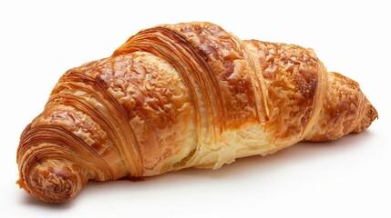 Close-up image of a freshly baked croissant with golden brown flaky layers, perfect for breakfast or snack.