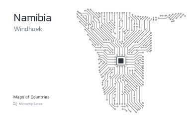Namibia Map with a capital of Windhoek Shown in a Microchip Pattern. E-government. World Countries vector maps. Microchip Series	
