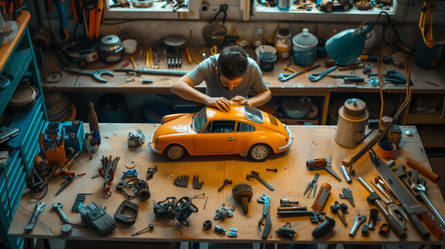 Dedicated Hobbyist Assembling Model Car with Tools and Parts