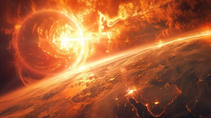 From the vantage point of space, witness the mesmerizing spectacle of solar flares colliding with an excessively heated Earth, portrayed in a captivating digital painting that exudes a science fiction