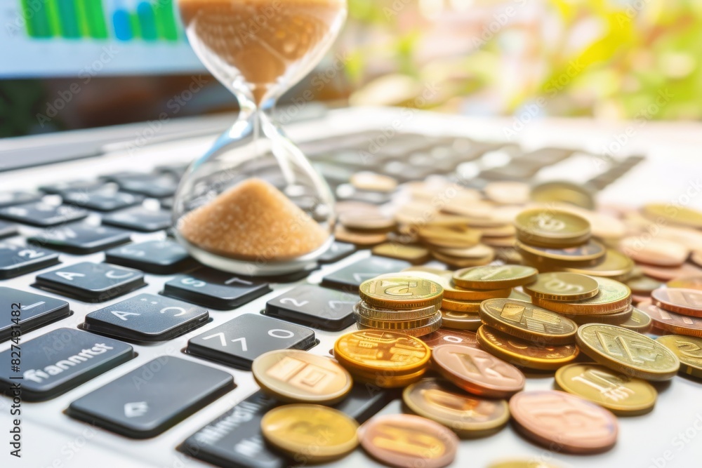 Poster hourglass on a keyboard with coins, representing time management and financial planning in a digital