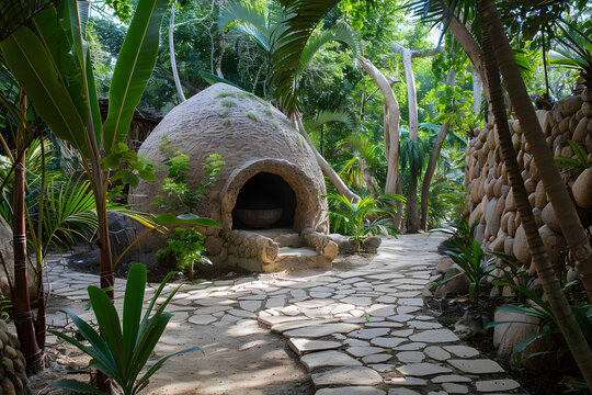 Temazcal en medio de un campo con palmeras y plantas. Generado con IA.