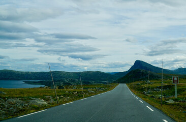 The Norwegian Scenic Route Valdresflye with view of the Jotunheimen mountain area in the background