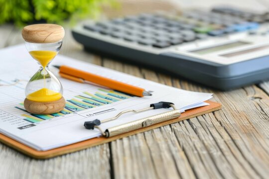 Hourglass with financial charts and a calculator, representing time management and business planning in a professional setting