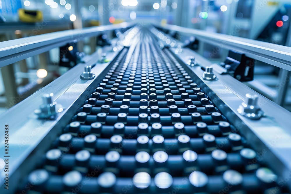 Poster close-up of a production line in a modern factory, showcasing advanced technology and precision engi