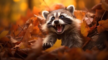 Portrait of happy raccoon rejoices in autumn.