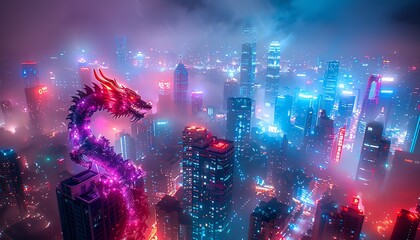 A glowing red dragon rises above a futuristic cityscape.